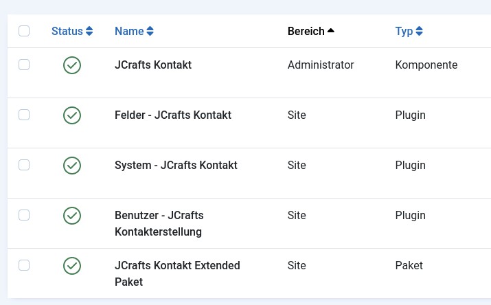 JCrafts Kontakt Extended Package - Liste der Einzel-Extension, die im Paket enthalten sind.
